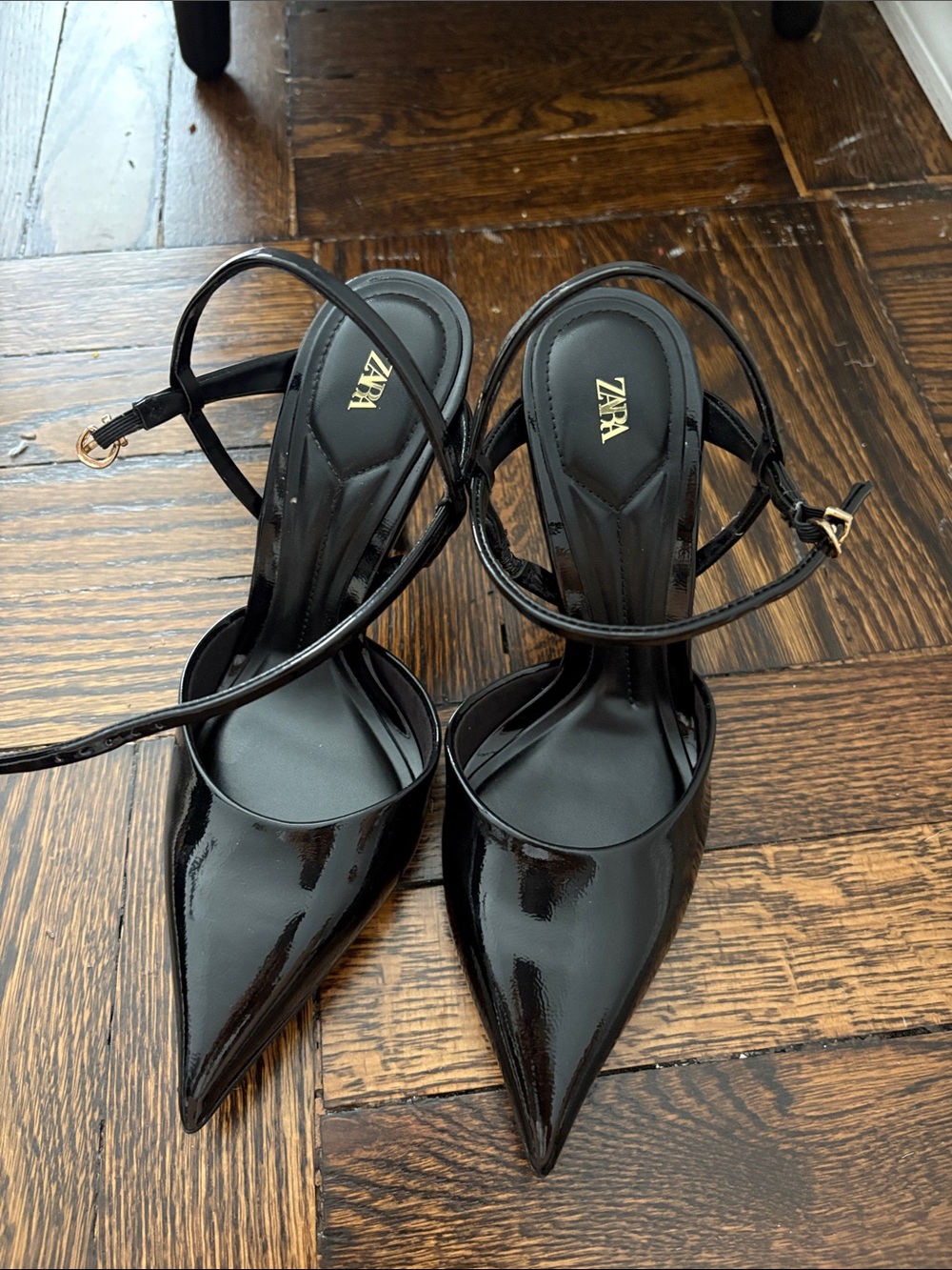 ZARA Black Patent Pointed-Toe Strappy Heels